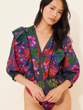 FARM Rio Tropical Floral V-Neck Puff Sleeve Bodysuit XL